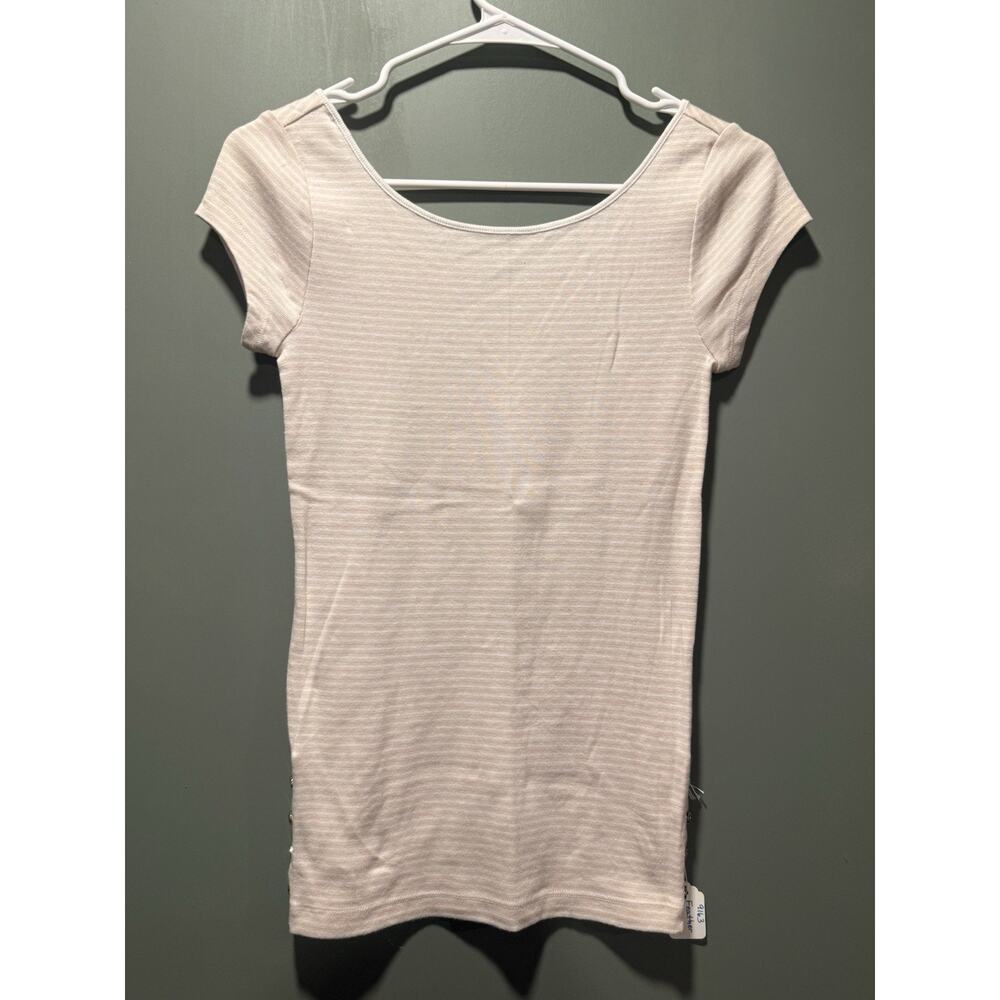 Ann Taylor XS Feather Stone Tan & White Go-To Striped Side-Button Tee NWT